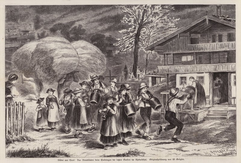 Traditionell ringning i koklockor för att fira att den sista skörden bärgats i Alpbachtal, Tyrolen, Österrike (gravyr) av Unknown artist