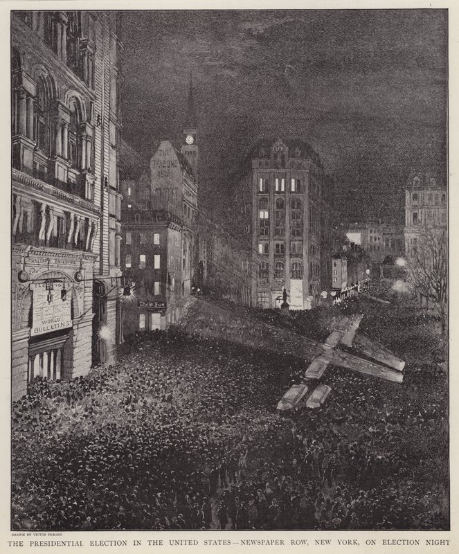 Newspaper Row, New York City, natten till det amerikanska presidentvalet, 8 november 1892 (litho) av V. Perard