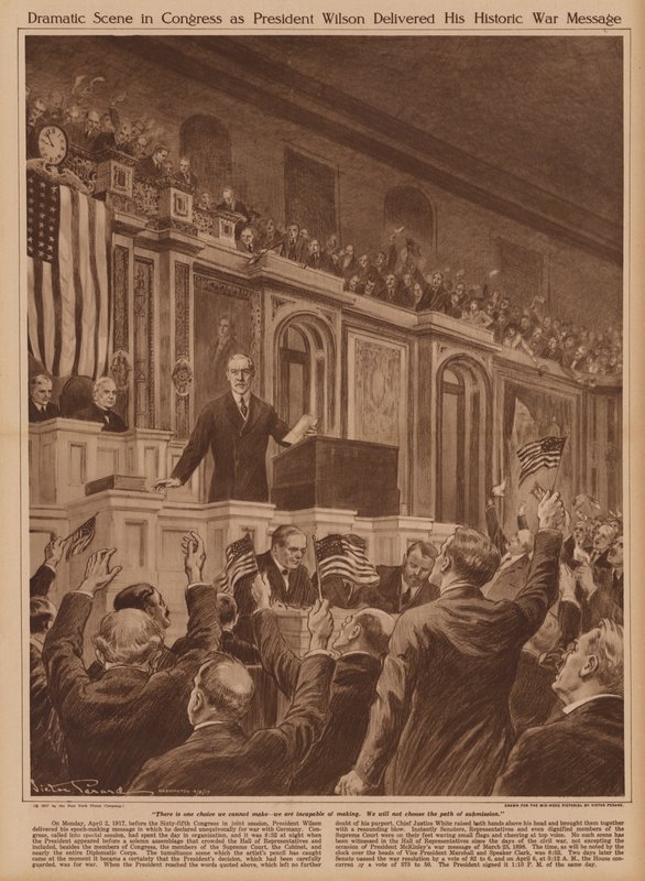 USA:s president Woodrow Wilson ber kongressen att förklara krig mot Tyskland av V. Perard