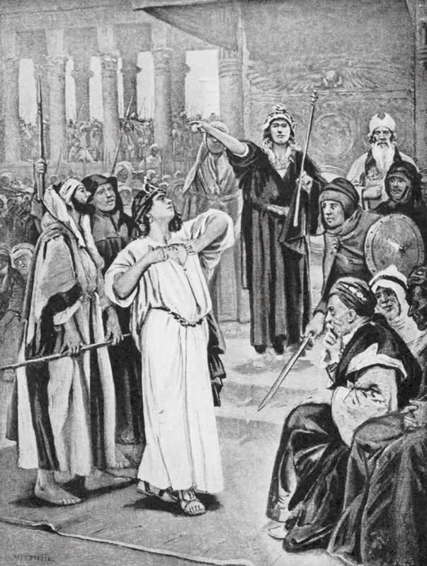Athaliah hör Joashs proklamation, 837 f.Kr (litografi) av Vaclav (1851 1901) (after) Brozik