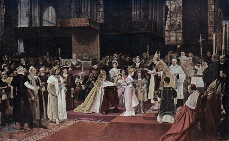 Tu felix Austria nube: förlovning av barnbarnen till den helige romerske kejsaren Maximilian I och barnen till kung Ladislaus II av Böhmen och Ungern i Stefansdomen i Wien av Vaclav  Brozik