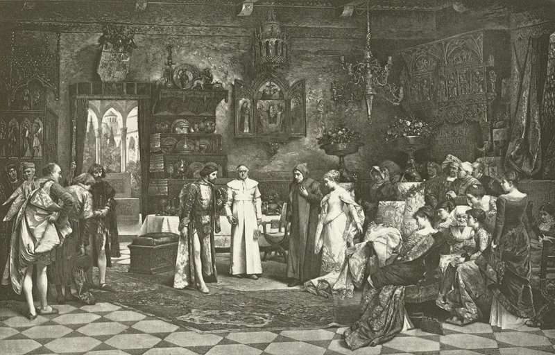 Petrarca och Laura presenterade av kejsaren i Avignon (gravyr) av Vaclav Brozik