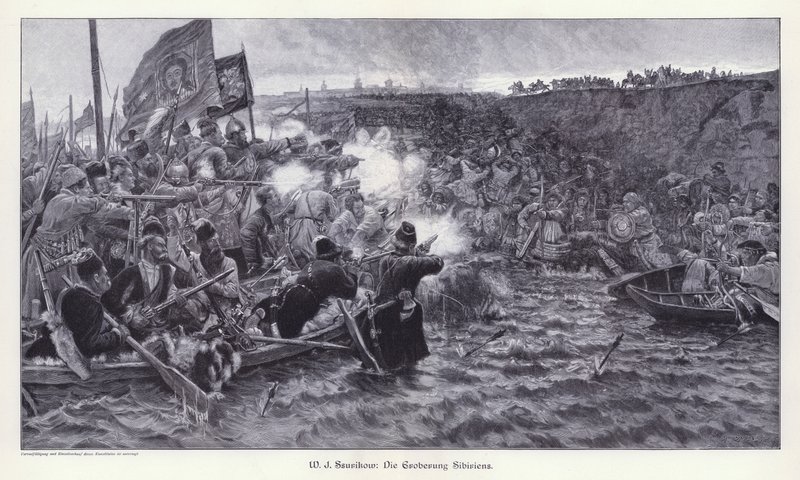 Erövringen av Sibirien av Yermak Timofeyevich (gravyr) av Vasilij Ivanovic Surikov