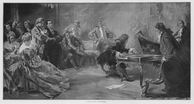 Den österrikiske kompositören Joseph Haydn spelar piano (litho) av Vicente de (after) Paredes