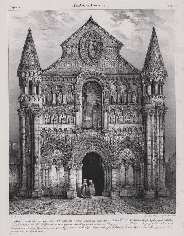 Romansk fasad av kyrkan Notre Dame la Grande, Poitiers, Frankrike (litho) av Victor Jean Baptiste (after) Petit