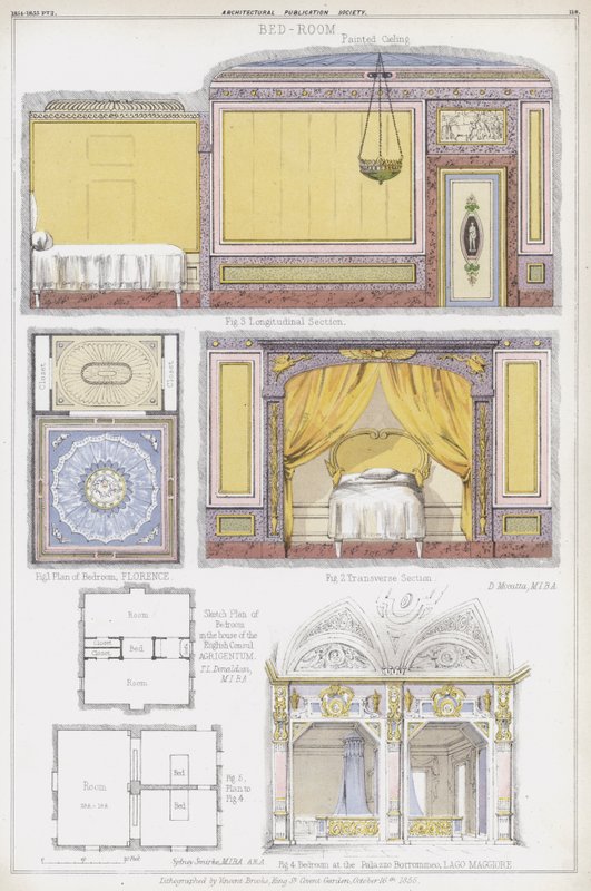 Sovrum i Florens, den engelske konsulns hus i Agrigentum och Casa Borromeo, Lago Maggiore, Italien (färg litho) av Vincent Brooks