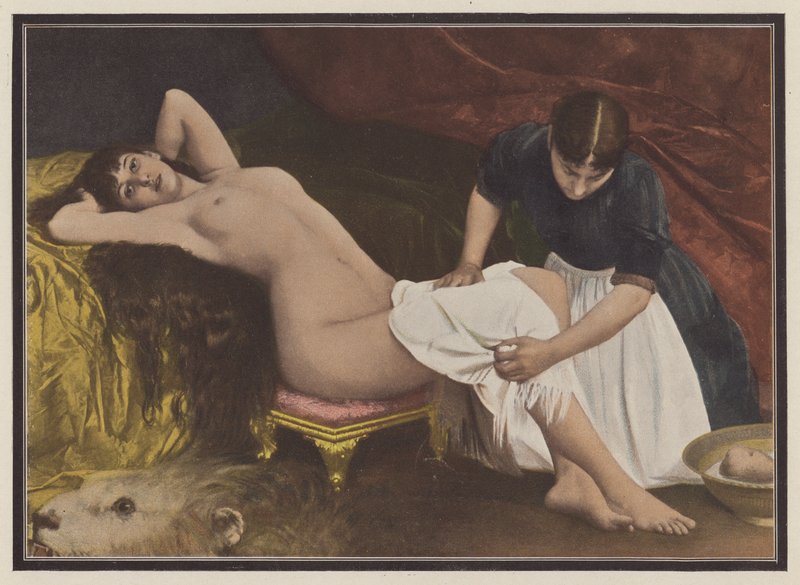 Kvinna som går upp ur sängen (färg litho) av Vlaho Bukovac