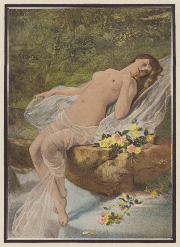 Kvinna med blommor (färg litho) av Vlaho Bukovac