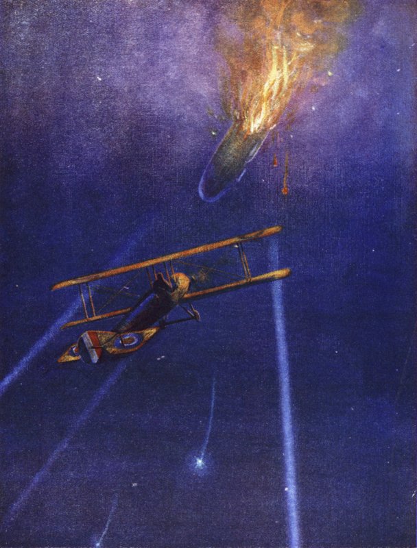 Löjtnant William Leefe Robinson attackerar ett fientligt luftskepp och slår ner det i lågor över Cuffley, Hertfordshire, september 1916 av W. Avis