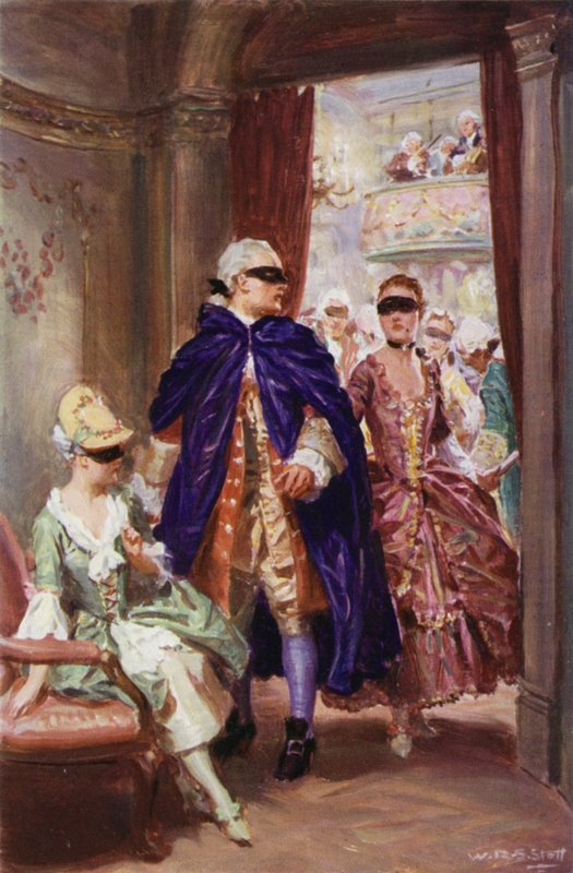 "En dam i en domino kom fram till honom och viskade honom" (färg litho) av W.R.S. (after) Stott