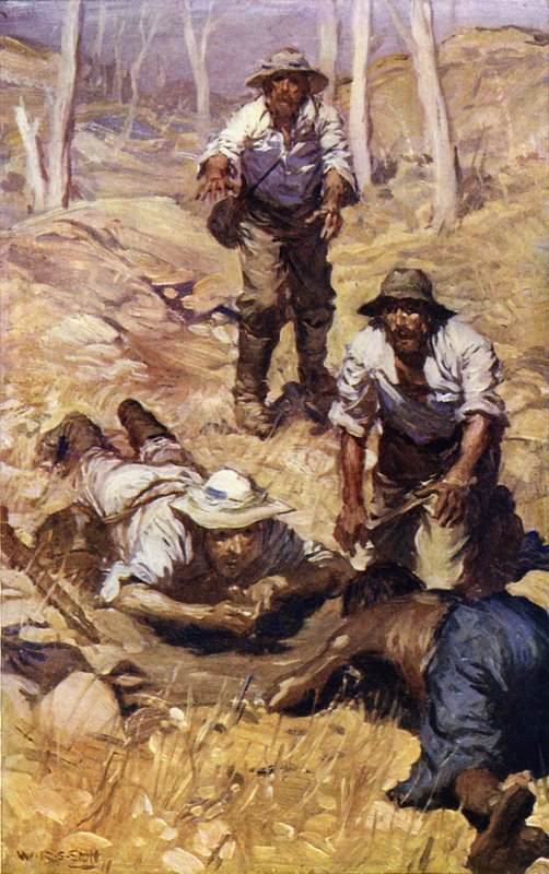 Kapten Gray och hans sällskap hittar vatten (färg litho) av W.R.S. (after) Stott