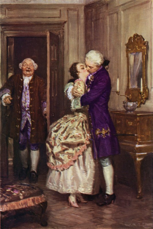 "Då tog han henne i sina armar och kysste henne" (färg litho) av W.R.S. (after) Stott