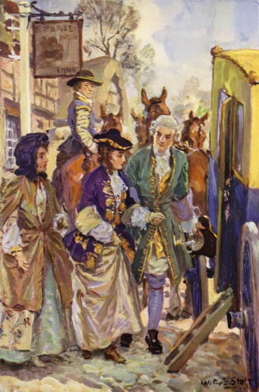 "Hans herrskap ledde in damerna i fordonet" (färg litho) av W.R.S. (after) Stott