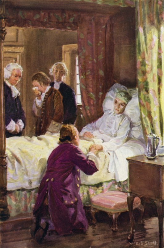"Jones kastade sig för sin välgörares fötter" (färg litho) av W.R.S. (after) Stott