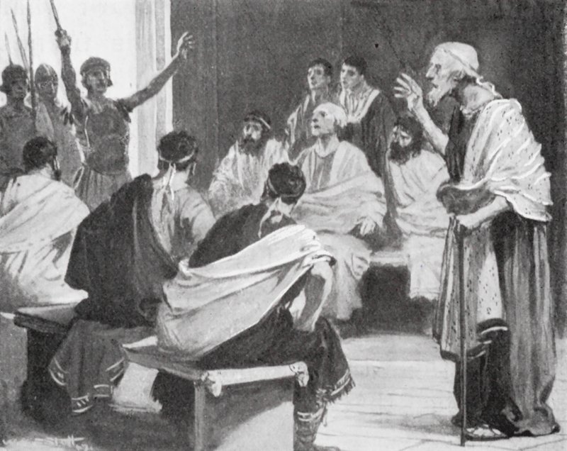 Romulus berättar för sin farfar att han åter är kung av Alba (litografi) av W.R.S. (after) Stott