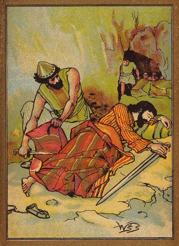 David skär av kjolen på Sauls mantel (färglitografi) av W.S. Stacey