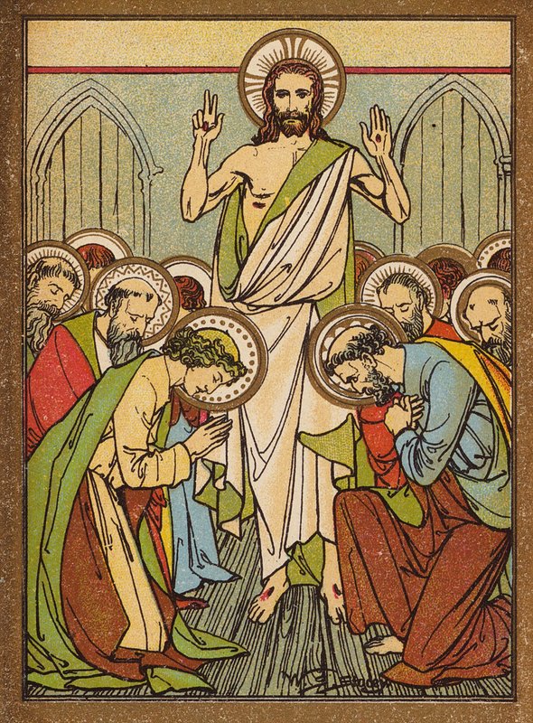 Jesus framträder för apostlarna i Jerusalem (färglitografi) av W.S. Stacey