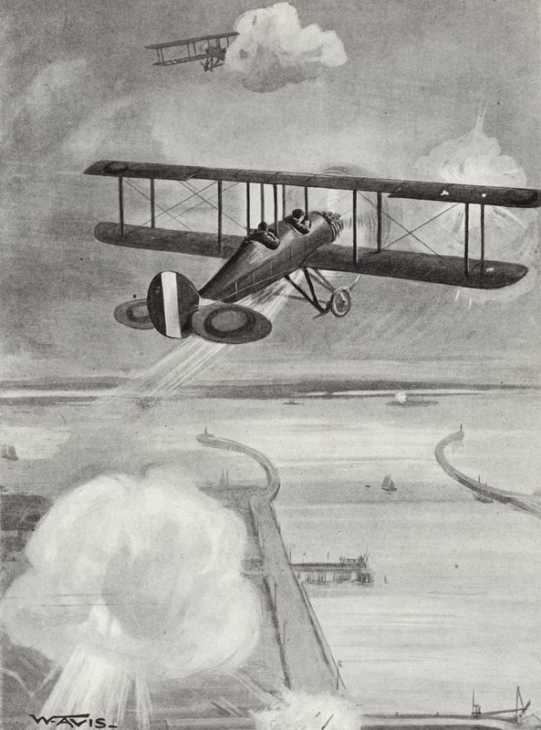 Skvadron-ledare Richard Davies och flyglöjtnant Richard Peirse släpper bomber på ubåtsstationen i Zeebrugge under kraftig eld, 23 januari 1915 av W. Avis