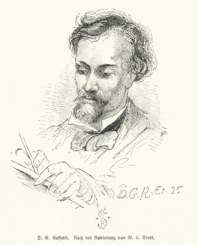Dante Gabriel Rossetti, brittisk poet, illustratör, målare och översättare, en av grundarna av det prerafaelitiska brödraskapet (litho) av W. Bell (after) Scott