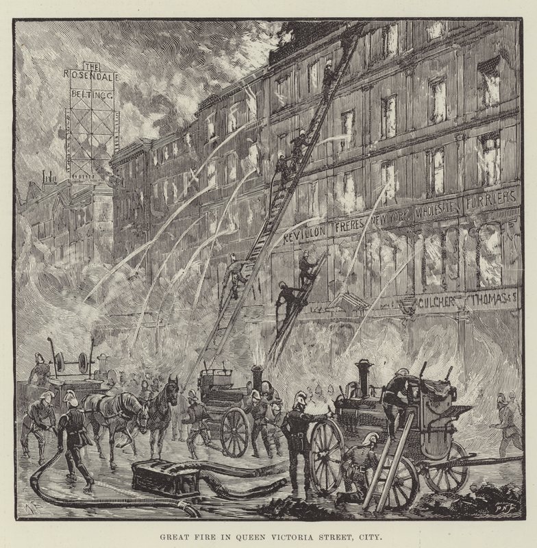 Stor brand på Queen Victoria Street, City av Walter Paget