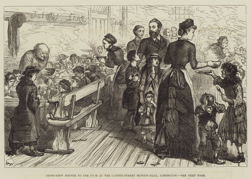 Irländsk gryta middag till de fattiga i Conder-Street Mission-Hall, Limehouse av Walter Paget