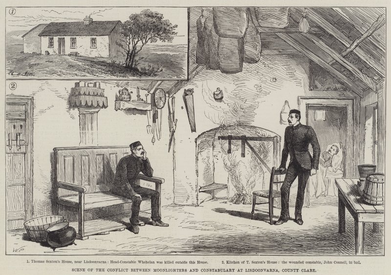 Scen för konflikten mellan Moonlighters och Constabulary i Lisdoonvarna, County Clare av Walter Paget
