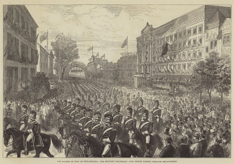 Den fjärde juli i Philadelphia, militärprocessionen, stadens trupper som passerar genom Broad-Street av Walter Paget