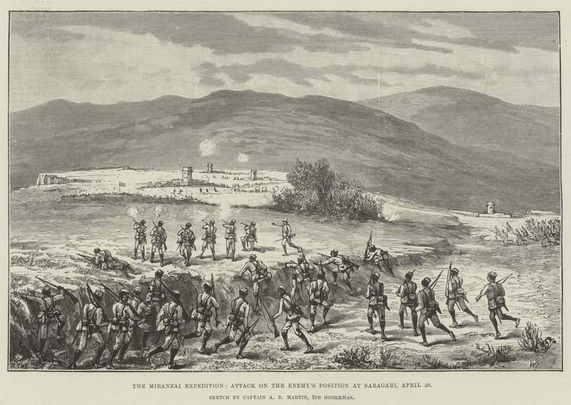 Miranzai-expeditionen, attack mot fiendens position i Saragari, 20 april av Walter Paget