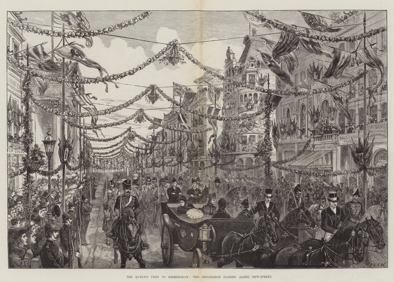 Drottningens besök i Birmingham, processionen som passerar längs New-Street av Walter Paget