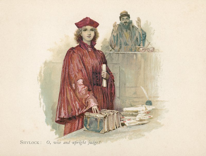 Portia och Shylock i Venedigs köpman (kromolit) av Walter Stanley Paget