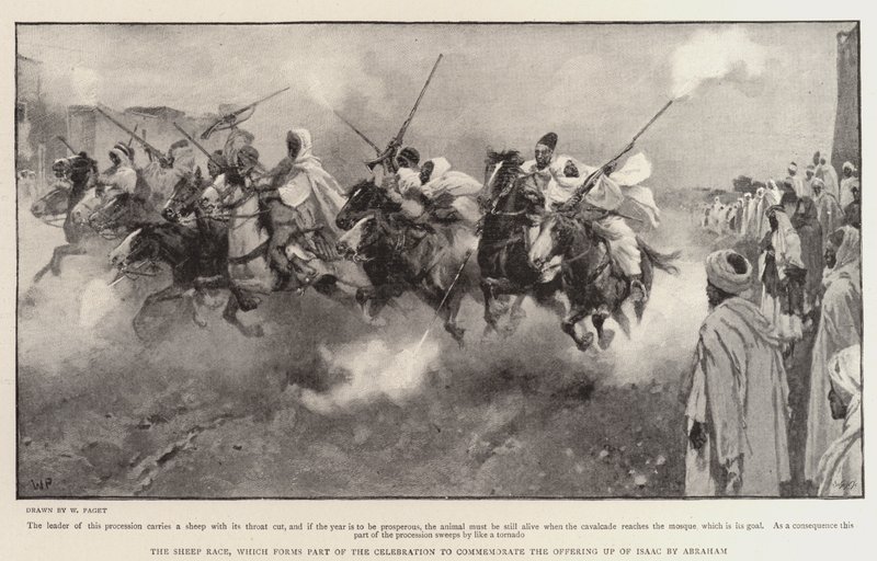 Morernas land, fårrasen, som utgör en del av firandet för att fira minnet av Abrahams offring av Isaac av Walter Stanley Paget