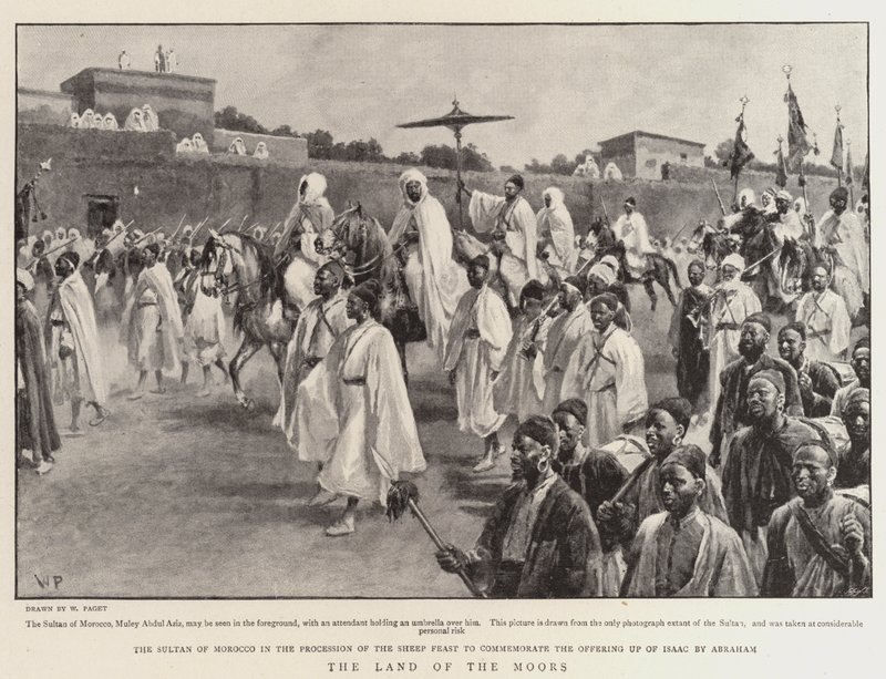 Morernas land, sultanen av Marocko i processionen av fårfesten för att fira Abrahams offrande av Isaac av Walter Stanley Paget