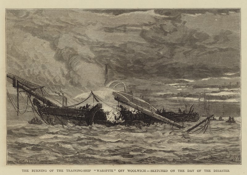 The Burning of the Training-Ship Warspite utanför Woolwich, skissad på katastrofens dag av Walter William May