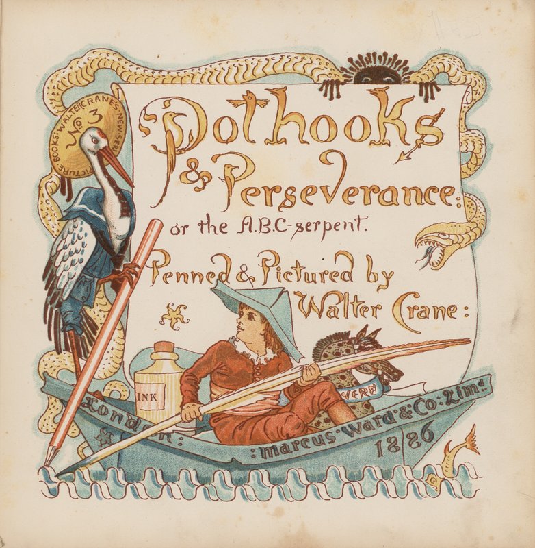 Illustration till Pothooks and Perseverance av Walter Crane (färglitografi) av Walter (after) Crane
