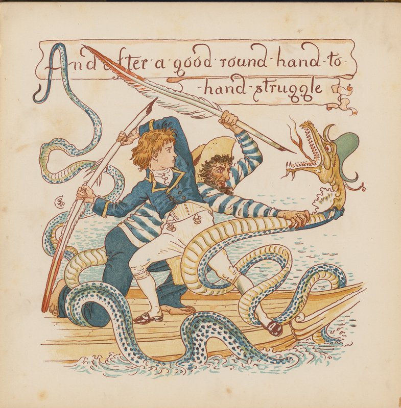 Illustration till Pothooks and Perseverance av Walter Crane (färglitografi) av Walter (after) Crane