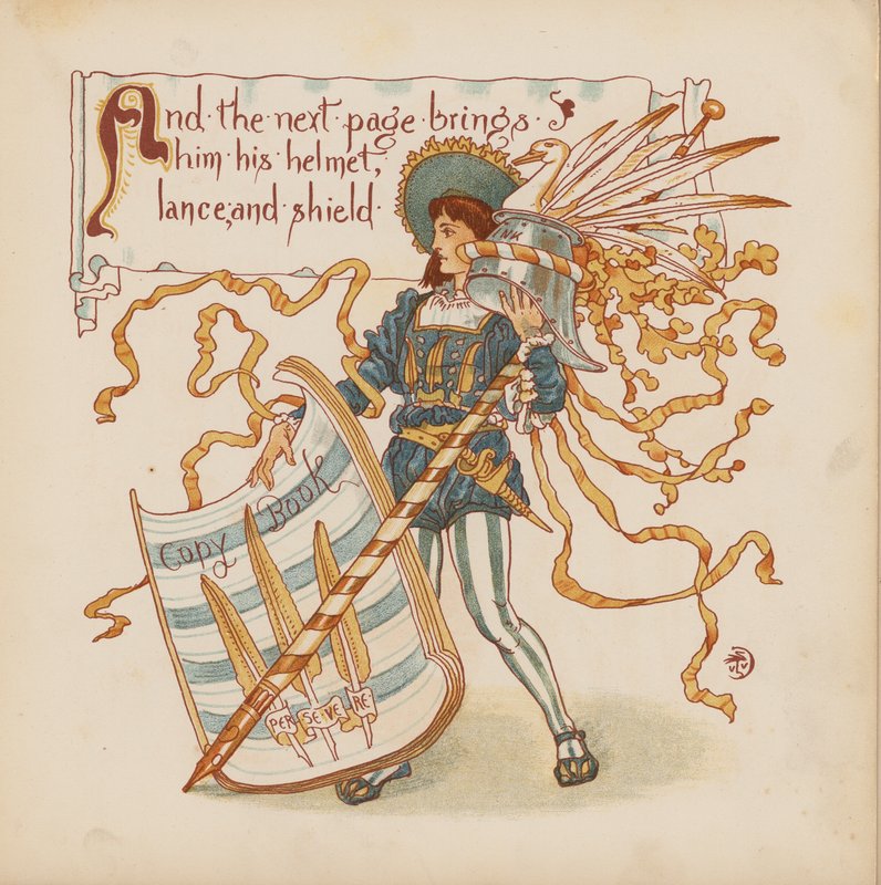 Illustration till Pothooks and Perseverance av Walter Crane (färglitografi) av Walter (after) Crane