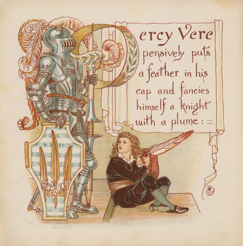 Illustration till Pothooks and Perseverance av Walter Crane (färglitografi) av Walter (after) Crane