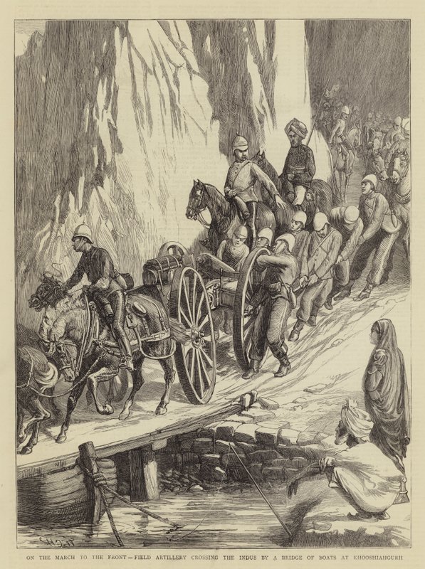 På marschen till fronten, fältartilleriet korsar Indus med en båtbro vid Khooshiahgurh av Walter Charles Horsley