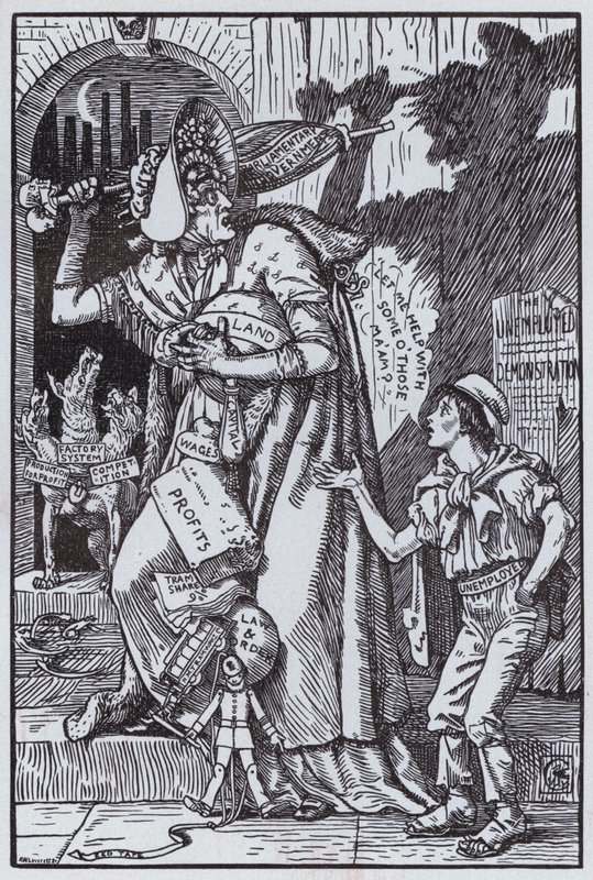 Mrs Grundy Frightened at Her Own Shadow (litho) av Walter Crane