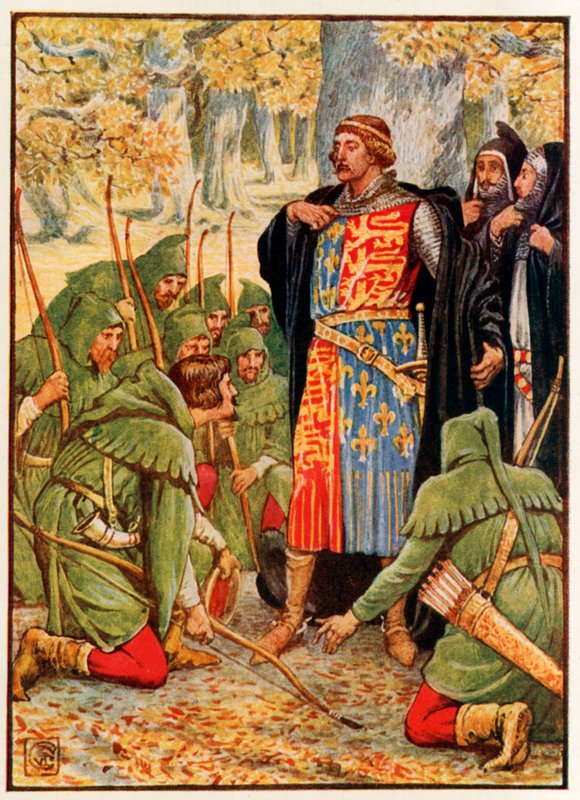 Robin Hood och hans män knäböjer för kungen av Walter Crane