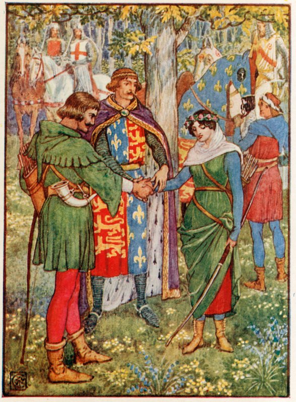 Kungen förenar händerna på Robin Hood och Maid Marian av Walter Crane
