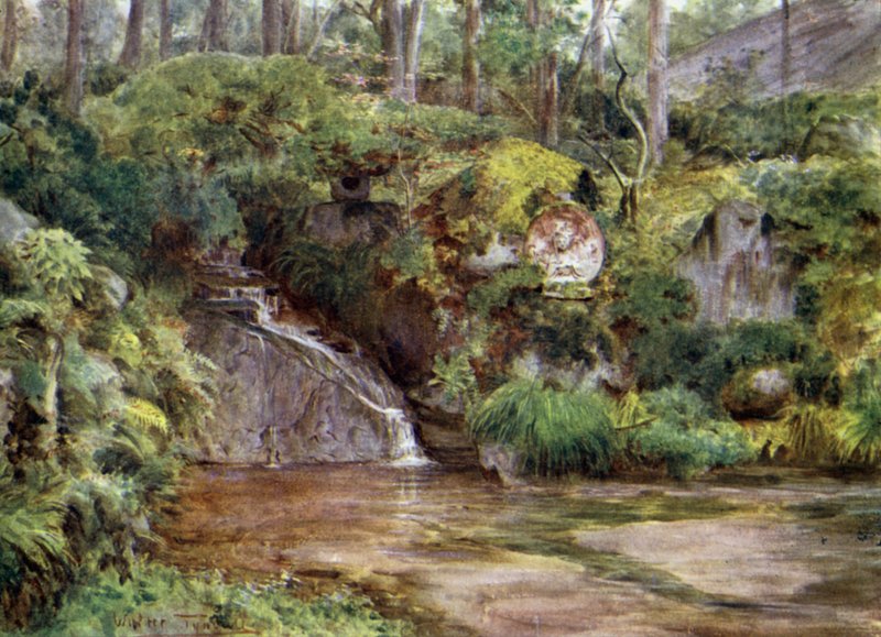 En stenträdgård på Nikko med Kwannon Image av Walter Frederick Roofe Tyndale