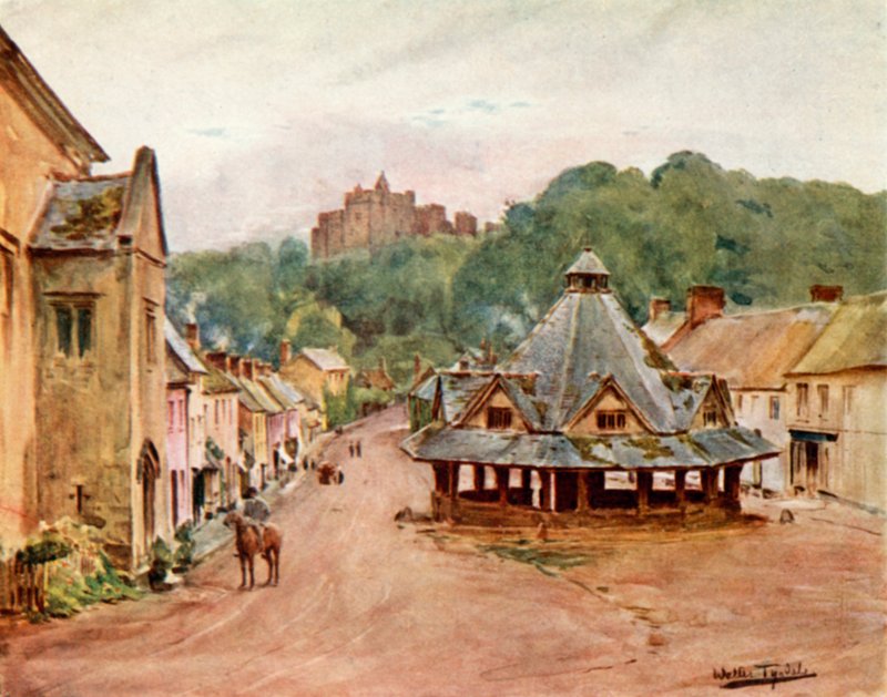 Dunster Castle and Yarn Market (färg litho) av Walter Frederick Roofe Tyndale