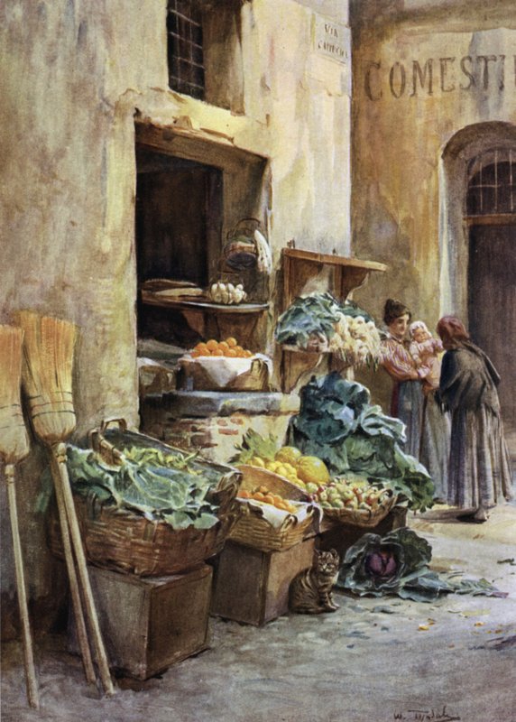 Grönsaksaffär, italienska rivieran (färg litho) av Walter Frederick Roofe Tyndale