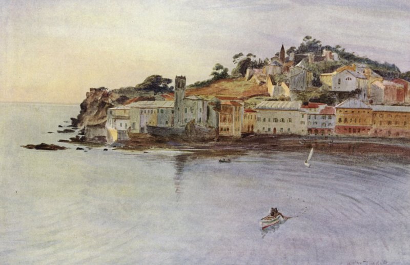 Halvön, Sestri Levante (färg litho) av Walter Frederick Roofe Tyndale
