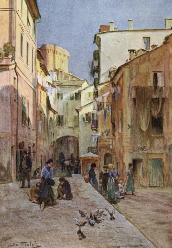 La Piazza, Sestri Levante (färg litho) av Walter Frederick Roofe Tyndale