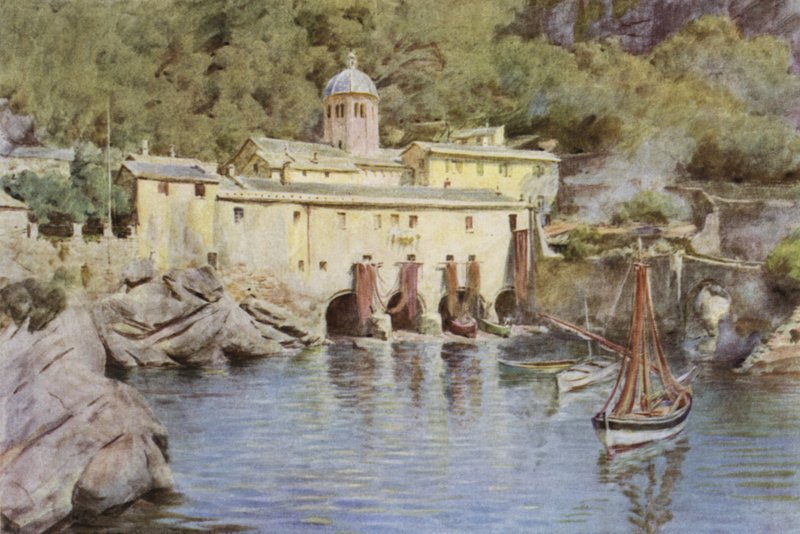 S Fruttuoso, Portofino, Italien (färg litho) av Walter Frederick Roofe Tyndale