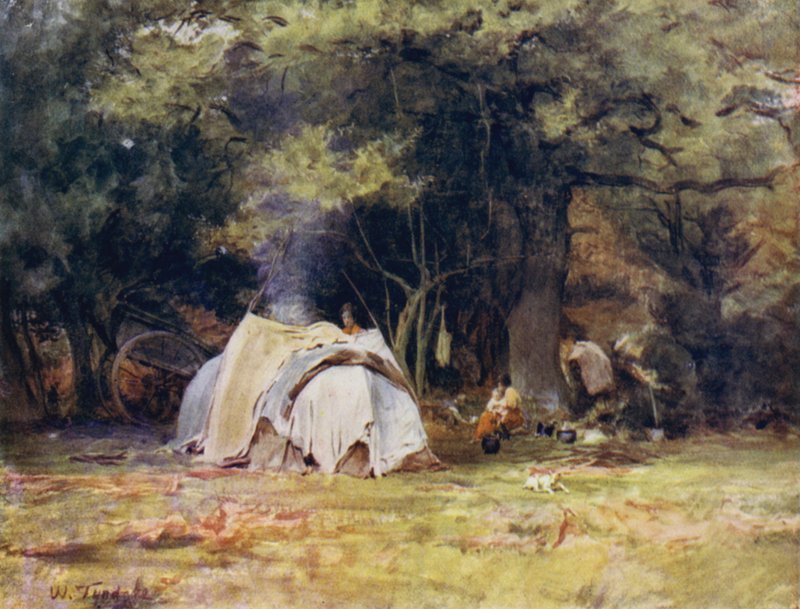 The New Forest: Gipsy Camp nära kennelarna mellan Lyndhurst och Minstead (färg litho) av Walter Frederick Roofe Tyndale
