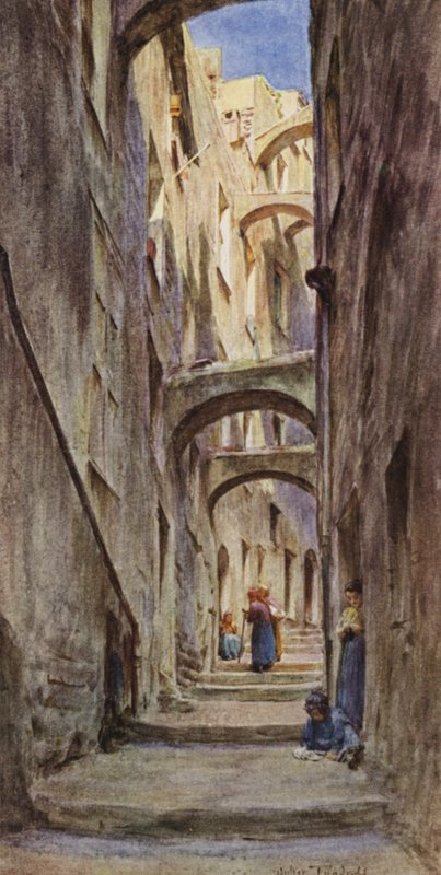 Vicolo Della Provvidenza, Sanremo (färg litho) av Walter Frederick Roofe Tyndale