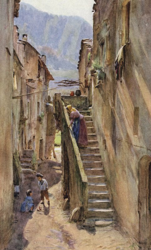 Vicolo del Ponte, Villa Nuova Di Albenga, Italien (färg litho) av Walter Frederick Roofe Tyndale